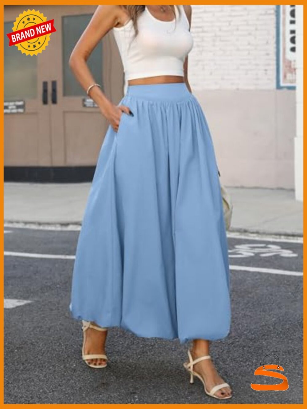 Bubble Hem Maxi Skirt - Elastic Waist A-Line with Pockets - Lightweight - Picture 2 of 7